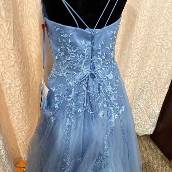 BABY BLUE ball gown w/ floral pattern and corcet back maxi prom bridsmaid Dress - Picture 5 of 9